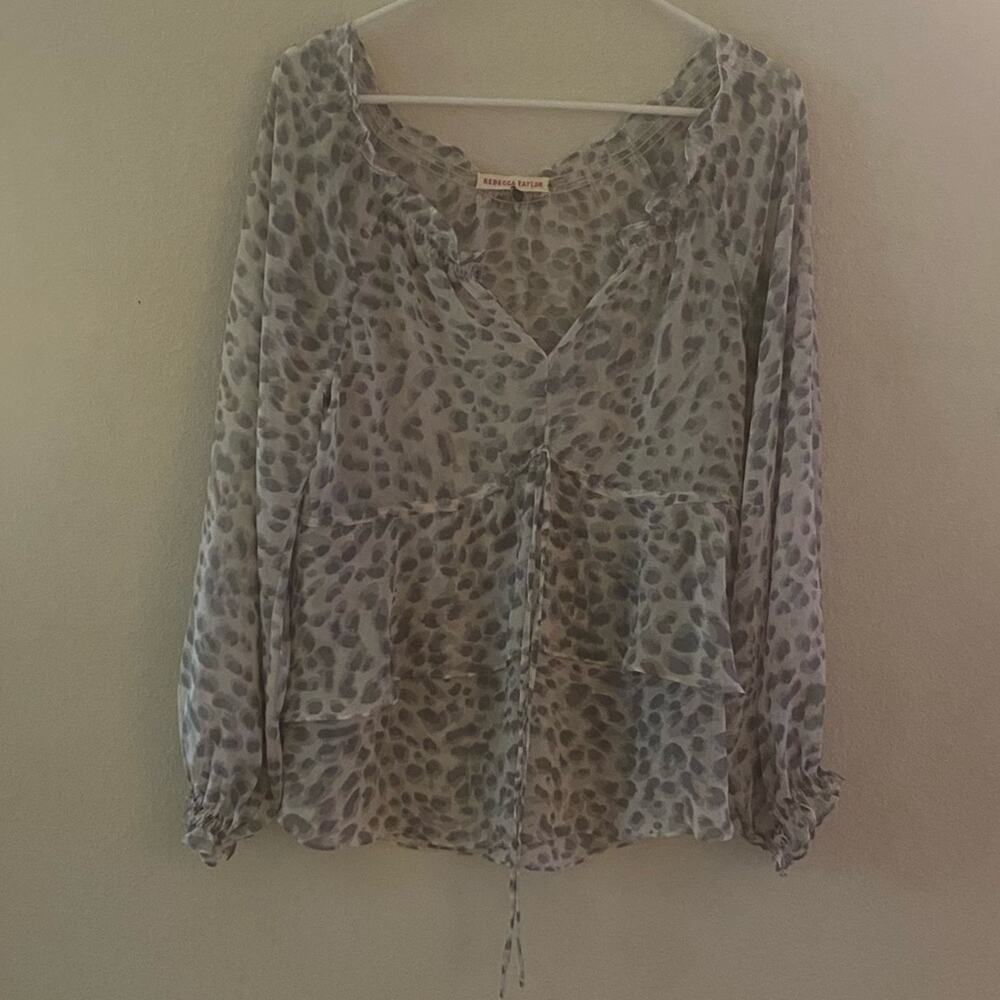 Rebecca Taylor Gray Silk Blend Leopard Drawstring Waist Sheer Blouse Size 0